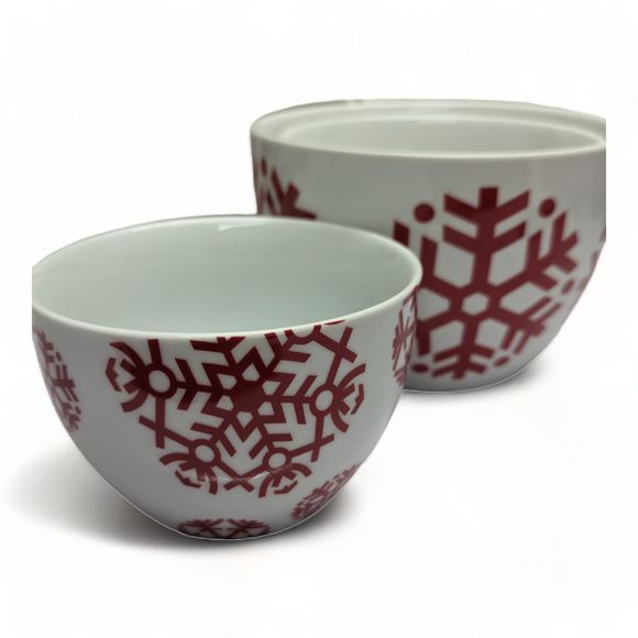 Crate and Barrel Holiday Nesting Bowls Merry Snowflake Red White - Picture 3 of 10
